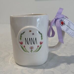 💐Rae Dunn White Mug with Floral Accents and 'NANA' Inscription